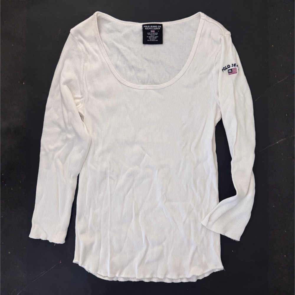 Vintage Polo Jeans Co American Flag White Ribbed 3/4 Sleeve Scoop Neck Top